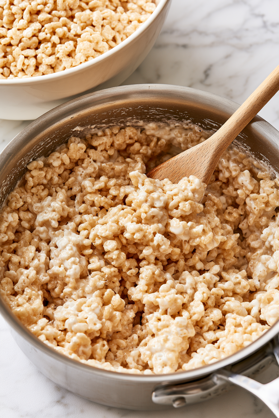 Quickly stir the Rice Krispies cereal into the melted marshmallows until evenly coated