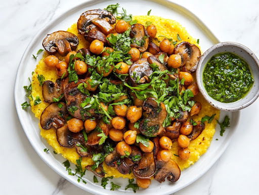 This image shows the completed dish of creamy polenta topped with sautéed mushrooms, microgreens, roasted chickpeas, and a drizzle of chimichurri, ready to be served.