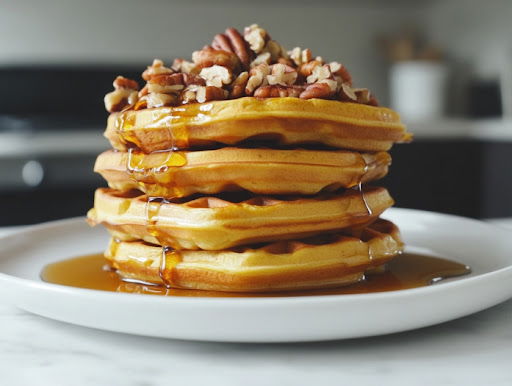 This image shows a stack of pumpkin waffles drizzled with maple syrup and topped with toasted pecans, ready to be served.