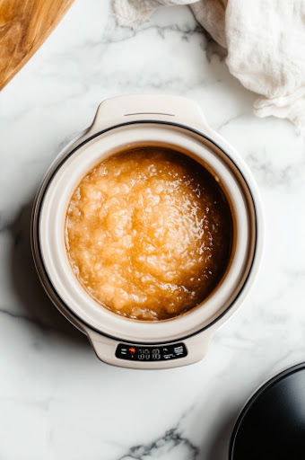 This image shows the slow cooker lid closed with apples inside, cooking on the high setting for an hour.