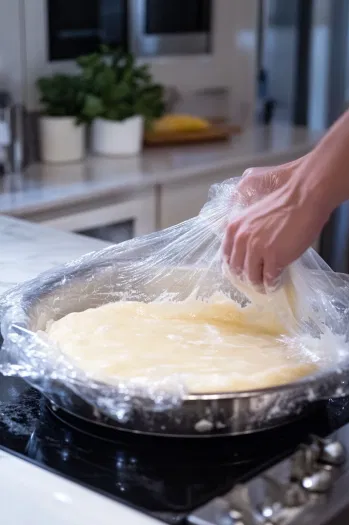 "The prepared dough is being covered with plastic wrap and placed in the refrigerator on the white marble cooktop to chill for 20-30 minutes.