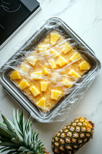 This image shows a 9x13" pan filled with cake batter, placed in the oven, ready to bake according to the package instructions.