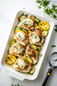 This image shows the finished primavera stuffed chicken resting on a serving platter, garnished with chopped fresh parsley.