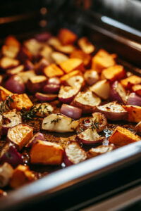 This image shows sweet potatoes and shallots roasting in the oven for 20 to 25 minutes until they are tender and lightly browned.