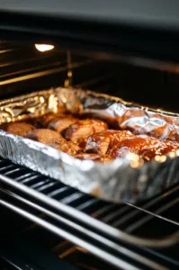 The preheated oven is set to 350°F (175°C) with the roasting pan of ribs being placed inside. The ribs are basted with BBQ sauce every 30 minutes, cooking for about 2.5 to 3 hours until fork-tender. The foil is removed during the last 30 minutes for a final golden finish.