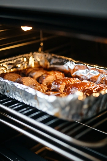 The preheated oven is set to 350°F (175°C) with the roasting pan of ribs being placed inside. The ribs are basted with BBQ sauce every 30 minutes, cooking for about 2.5 to 3 hours until fork-tender. The foil is removed during the last 30 minutes for a final golden finish.