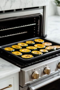 This image shows the acorn squash halves placed on a baking sheet in the oven, roasting until tender.