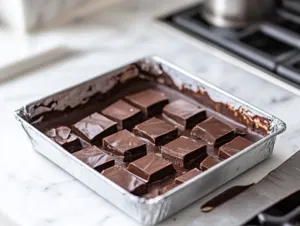 The baking tin is placed in the fridge to chill for at least 3 hours or overnight, with the white marble cooktop visible in the background. Once set, the mixture is turned out of the tin and cut into neat chunks with a sharp knife.