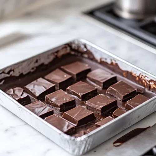 The baking tin is placed in the fridge to chill for at least 3 hours or overnight, with the white marble cooktop visible in the background. Once set, the mixture is turned out of the tin and cut into neat chunks with a sharp knife.