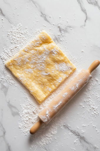 This image shows a puff pastry sheet being rolled out on a floured surface until it's slightly thinner, with flour added as needed to prevent sticking.