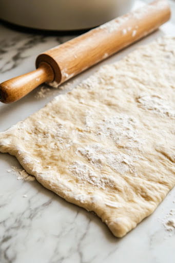 This image shows the dough being rolled into a 10x15-inch rectangle on a floured surface.