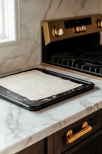 Rolled-out pizza dough on the lightly floured work surface over the white marble cooktop. The dough is cut into eight equal rectangles, prepared for the next steps