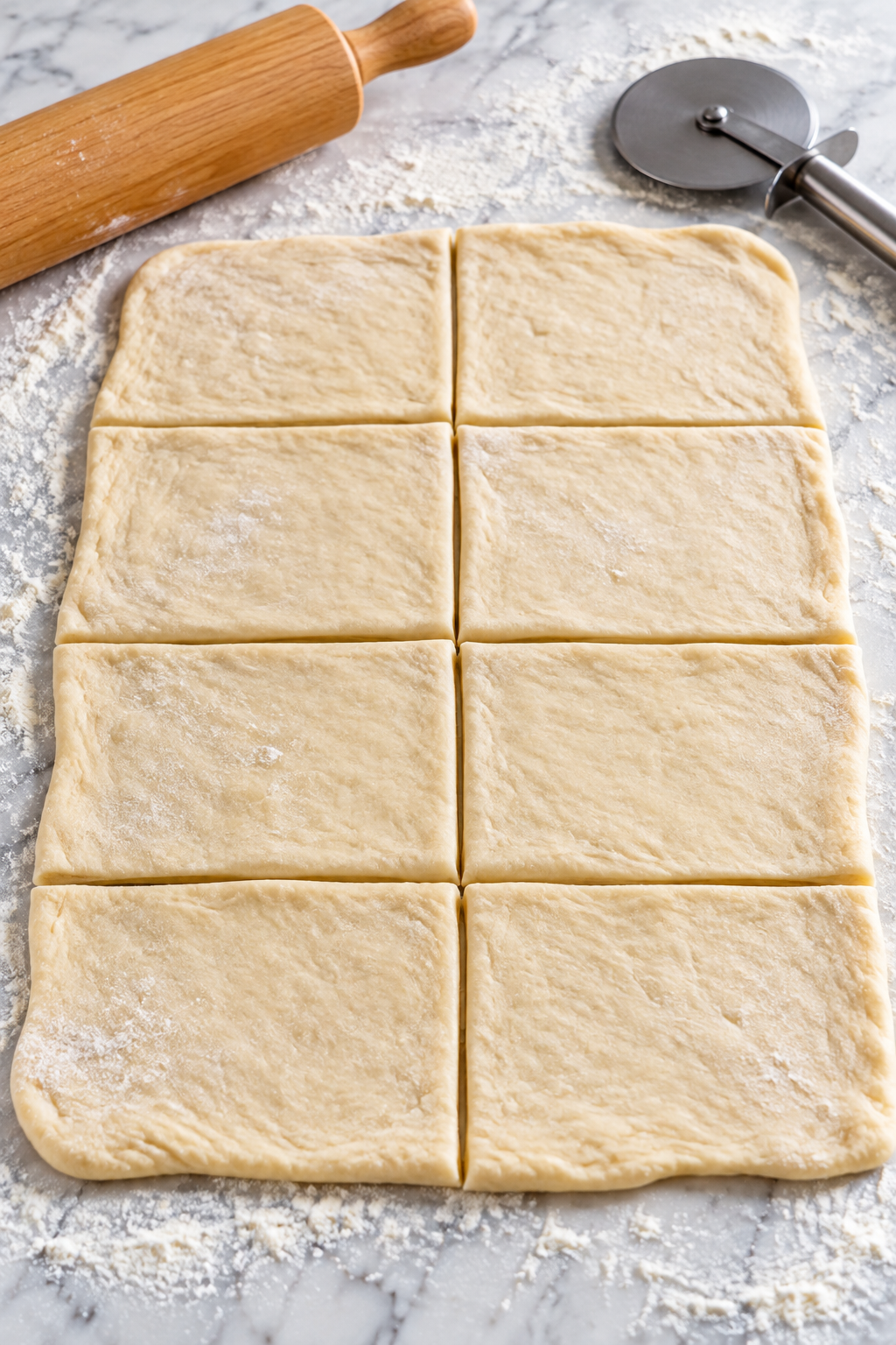 Roll the pizza dough into a large rectangle and cut it into 8 equal pieces