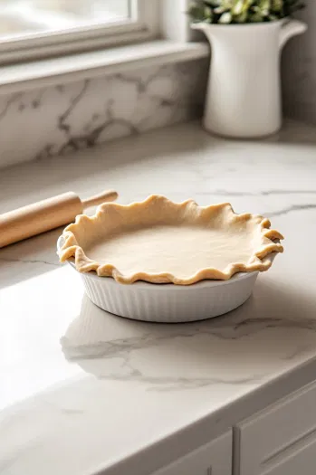 This image shows a rolling pin flattening out a disc of pie dough into a large circle on a floured surface, ready to be placed in the pie dish.]