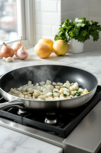 This image shows onions, apple slices, and garlic being sautéed in the same pan for about 5 minutes, until the onions turn soft and translucent.