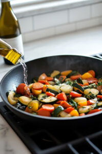 This image shows onion, celery, and apple being sautéed in a pan until softened, creating a fragrant base for the stuffing.