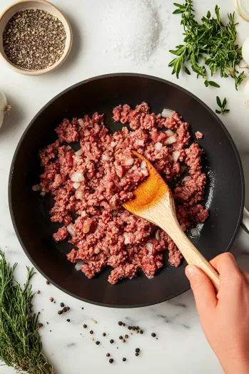 This image shows chopped onions sautéing in a skillet with ground beef (or lamb) being cooked until browned, mixed with herbs and seasoning.