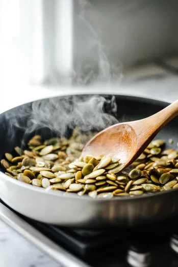 This image shows a large skillet on the stove with pumpkin seeds sautéing in oil, turning lightly golden.