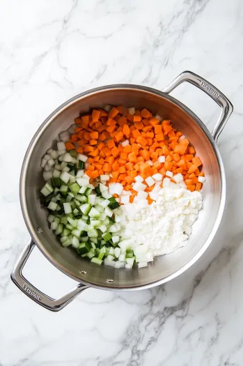 This image shows a large stockpot with melted butter or oil, diced onion being sautéed, and colorful carrots and celery added in, creating a fragrant base for the soup.