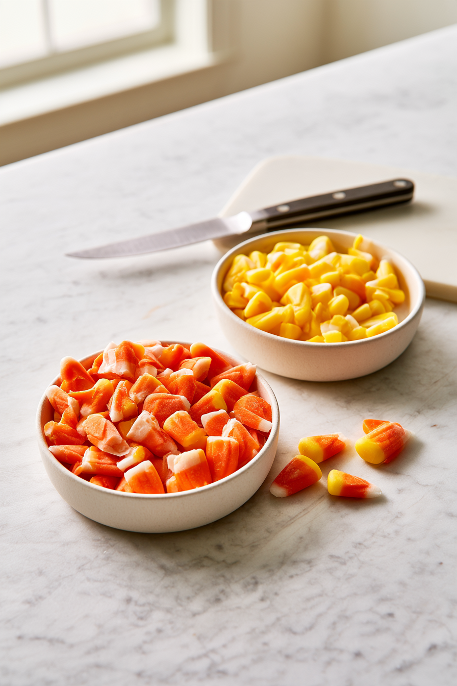 Separate the orange and yellow portions of the candy corn by cutting away the white sections