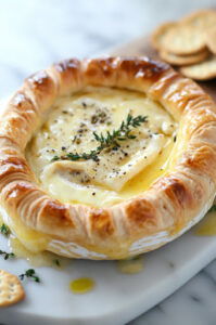 This image shows the golden-baked Brie Wrapped in Puff Pastry, served warm on a charcuterie board alongside crackers, or ready to enjoy on its own.