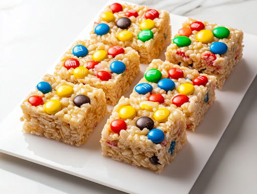 This image shows the Easter Rice Krispie Treats served on a white plate, topped with colorful M&Ms, ready to be enjoyed.