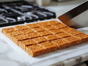 This image shows the Pumpkin Spice Granola Bars, neatly cut and ready to be served.