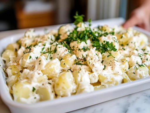 This image shows the finished potato salad being served, ready to be eaten at room temperature or after chilling.