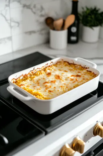 This image shows the baked spaghetti squash casserole cooling on a counter, ready to be scooped onto plates or cut into squares.]