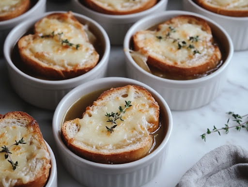 This image shows a bowl of French onion soup, topped with golden, cheesy bread slices. The rich, fragrant broth and onions are ready to be enjoyed.