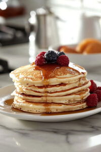 This image shows a stack of warm pancakes on a plate, drizzled with maple syrup. Fresh fruits and berries are placed on top for extra flavor.