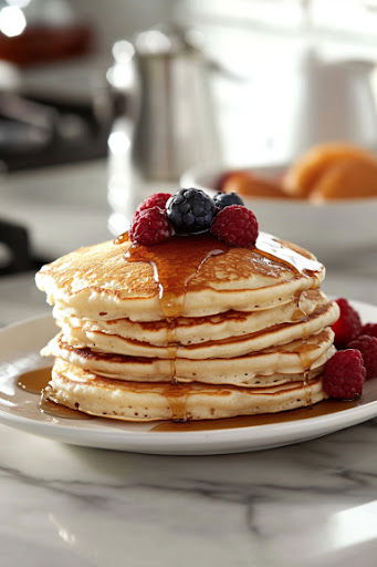 This image shows a stack of warm pancakes on a plate, drizzled with maple syrup. Fresh fruits and berries are placed on top for extra flavor.