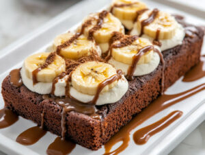 This image shows a freshly baked pineapple cake served warm, topped with banana slices, whipped cream, and drizzled with vanilla cream sauce, ready to enjoy.