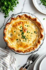 This image shows a slice of Chicken Pot Pie being served, with thick, flavorful filling and a flaky golden crust.