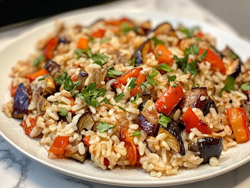 This image shows a vibrant dish of wild rice pilaf, filled with roasted vegetables, cranberries, and pecans, ready to be served