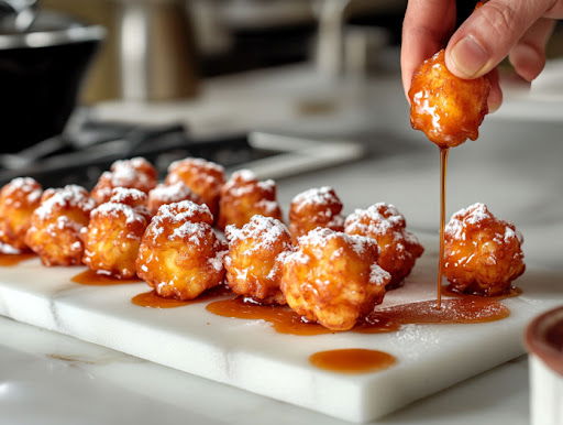 This image shows a white plate with freshly made apple fritters, golden brown and glazed, ready to be served.