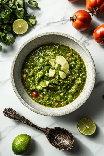 This image shows the completed Chipotle Green Salsa served in a bowl, ready to enjoy with tortilla chips or as a topping for various dishes.