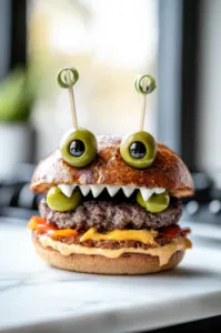 The completed monster burgers are served on a plate with sides like fries or chips, positioned on the white marble cooktop, ready to be enjoyed