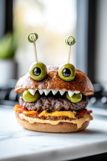 The completed monster burgers are served on a plate with sides like fries or chips, positioned on the white marble cooktop, ready to be enjoyed