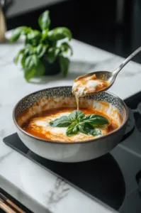 A ladle of hot lasagna soup is poured into a bowl sitting on the white marble cooktop. A dollop of the cheese mixture is placed on top, garnished with fresh basil leaves, ready to be served.