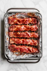 The ribs are placed in a roasting pan with a rack on the white marble cooktop. They are slathered with keto BBQ sauce, and aluminum foil is tented over the top to keep the moisture in during roasting.