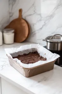 The chocolate-marshmallow-biscuit mixture is poured into a 20cm x 20cm baking tin lined with baking paper. The mixture is pressed down firmly into the tin, which rests on the white marble cooktop