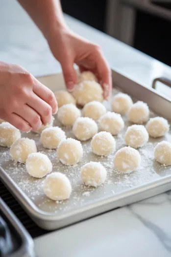 Hands are shaping the dough into 48 small balls on the white marble cooktop. The dough balls are then rolled in white sugar, ready to be placed on the baking sheet.