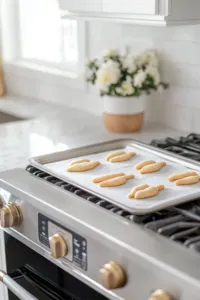 Small portions of dough are being rolled into finger shapes on the white marble cooktop. An almond is pressed into one end for the 'nail,' while gentle squeezes and knife cuts are made to form the knuckles.