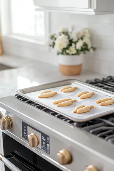 Small portions of dough are being rolled into finger shapes on the white marble cooktop. An almond is pressed into one end for the 'nail,' while gentle squeezes and knife cuts are made to form the knuckles.