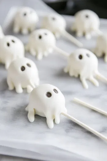 The cake mixture is being pressed into silicone molds on the white marble cooktop. Popsicle sticks are inserted into the flattened tops, and the pops are set aside to chill for 4 hours or overnight.