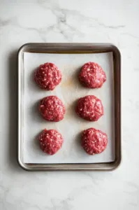 Four equal portions of ground beef mixture being shaped into thin patties on a parchment-lined tray over the white marble cooktop. A slight dent is pressed into the center of each patty for even cooking.