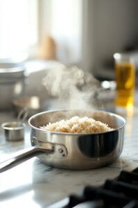 This image shows a pot of rice being brought to a boil, then covered, with the heat reduced to allow it to simmer for 45 minutes until the water is absorbed.