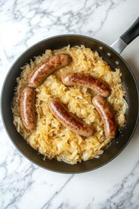 This image shows the heat reduced as the bratwurst simmers in the pan for 20 minutes, allowing it to cook through fully.