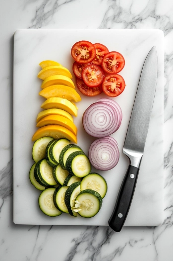 This image shows freshly sliced zucchini, yellow squash, red onion, and tomato arranged on a cutting board, ready to be stuffed into the chicken breasts.